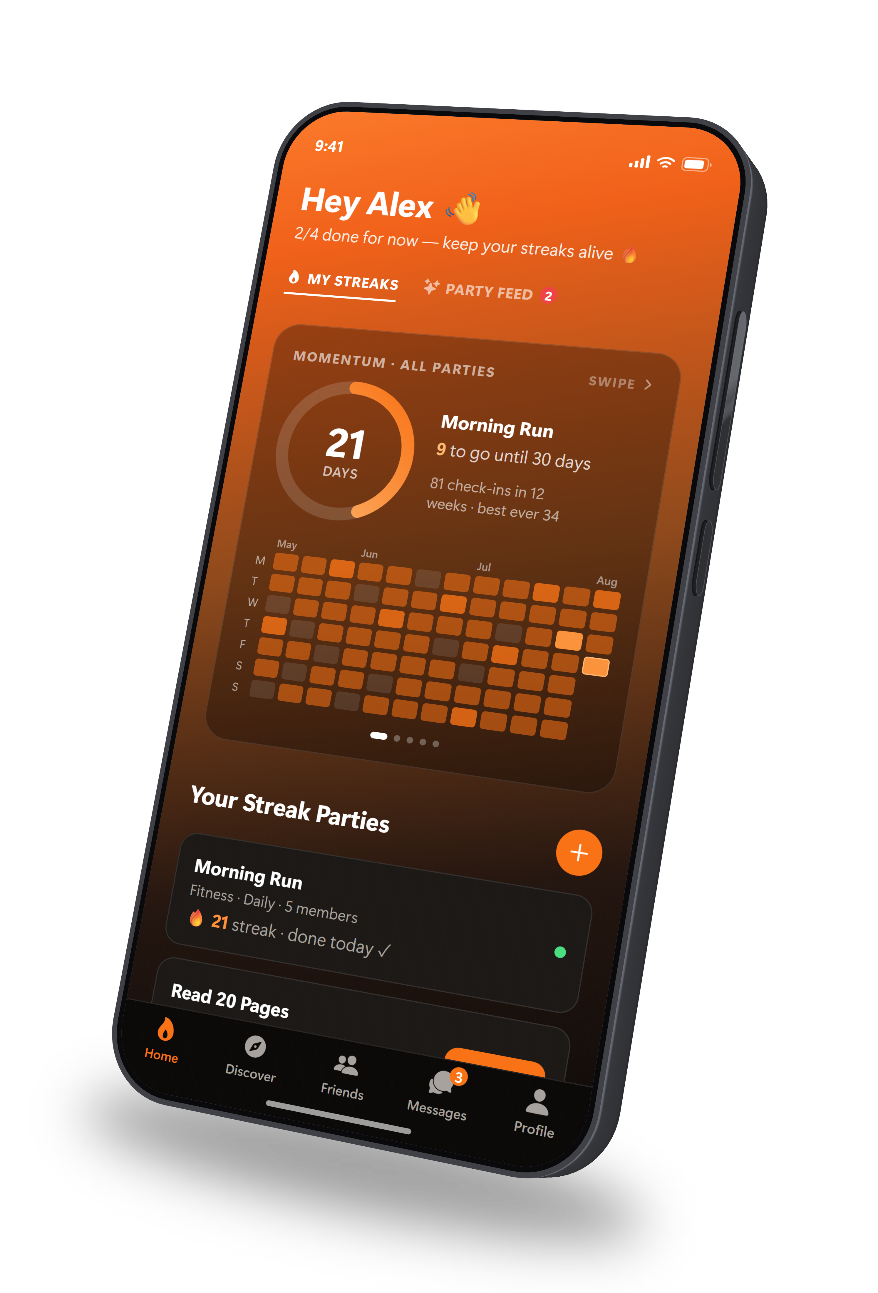 StreakParty home screen showing active streaks, total days, and friends