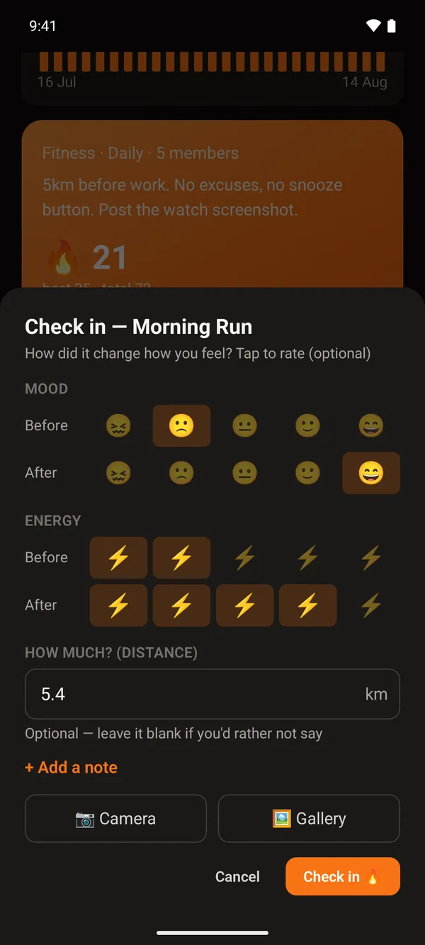 The StreakParty check-in sheet: mood and energy rated before and after, a distance of 5.4 km recorded for the run, and buttons to add a note or a photo from camera or gallery.