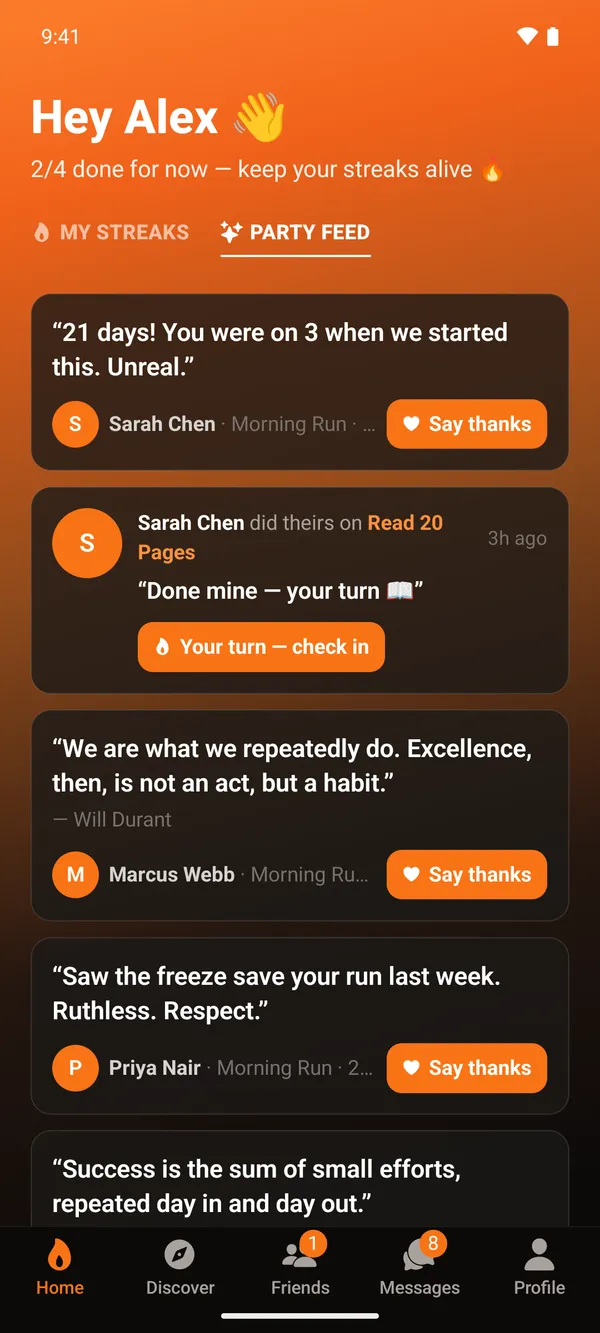 The StreakParty party feed: a friend's boost saying “21 days! You were on 3 when we started this. Unreal.”, a nudge from Sarah Chen saying she's done hers on Read 20 Pages with a “Your turn — check in” button, and a quote of the day.